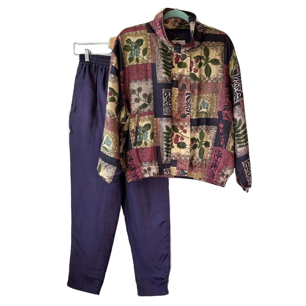 Vintage Stunt Petite Medium PM Silk Track Suit Jacket & Pants Floral Purple